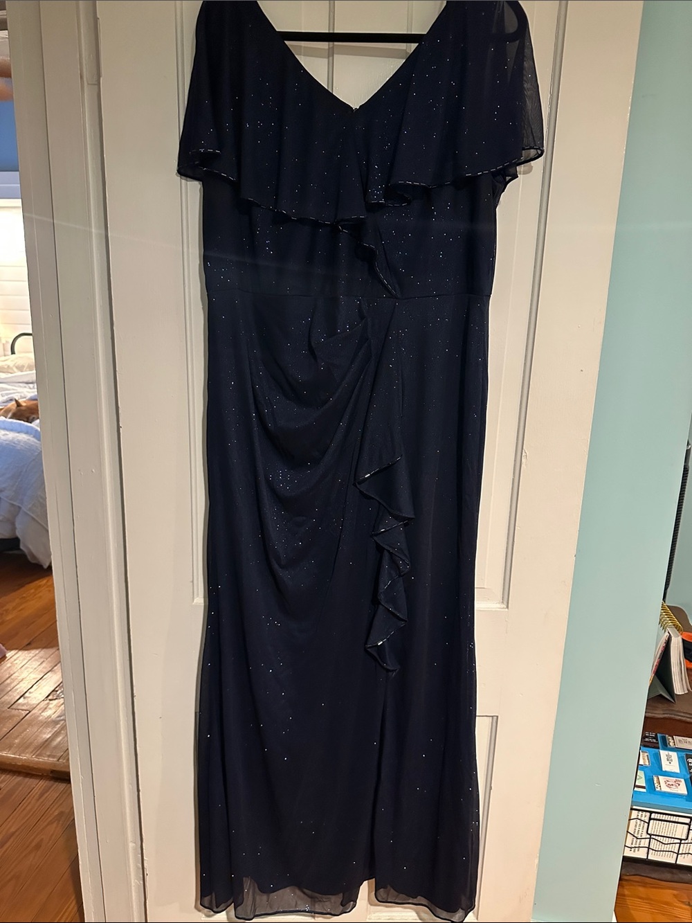 SLNY Navy Maxi Dress with Sparkle Ruffle